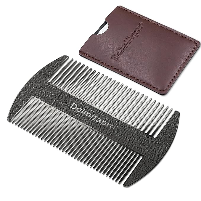 304 Stainless Steel Pocket Beard Comb for Men, Anti-Static Dual Fine Coarse Teeth Ultra-Thin Mustache Hair Grooming Comb with PU Leather Case (black)
