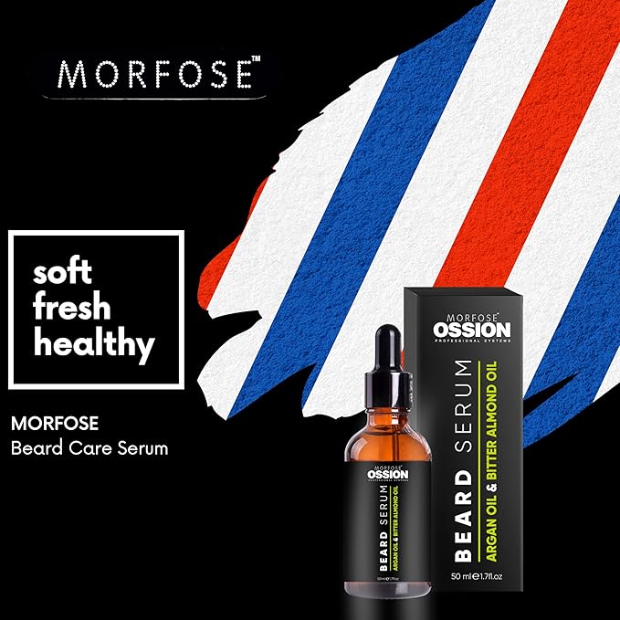 Morfose Ossion Beard Care Serum, Promotes Healthy Hair Growth, Fuller, Longer and Thicker Beard, Alleviates Itches, Eliminates Beardruff, Enriched with Argan and bitter Almond Oil, 50ml