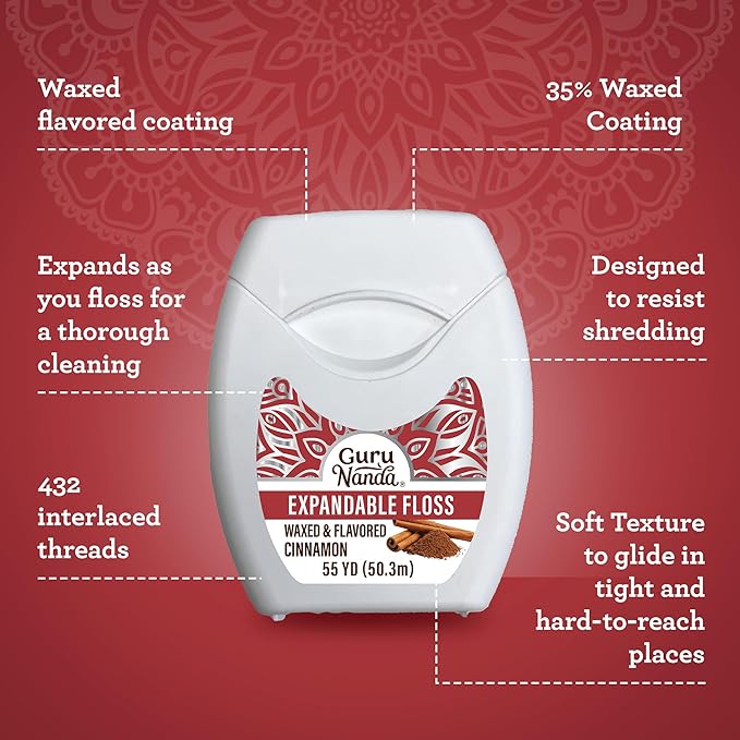 GuruNanda Expandable Waxed Dental Floss for Gentle, Deep Cleaning Wide Teeth Flossing - Cinnamon Flavor - 55 Yards