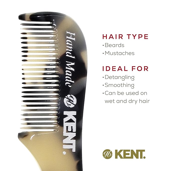 Kent A 81T TW X-Small Gentleman's Beard and Mustache Pocket Comb, Fine Toothed Pocket Size for Facial Hair Grooming and Styling. Saw-cut of Cellulose Acetate, Hand Polished. Hand-Made in England