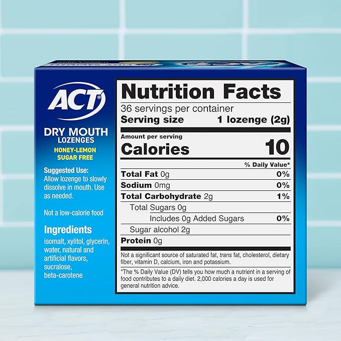 ACT Dry Mouth Lozenges with Xylitol, Sugar Free Honey-Lemon, 36 Lozenges