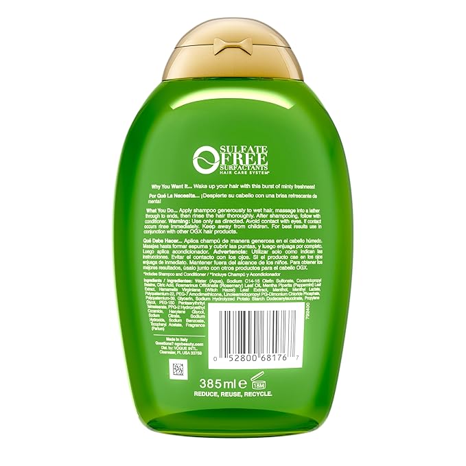 OGX Extra Strength Refreshing Scalp + Rosemary Mint Shampoo,Clarifying Shampoo for Oily Hair Visibly Helps Remove Oil & Residue to Clear Away Buildup,Sulfate-Free Surfactants,13 fl. oz,(Pack of 2)
