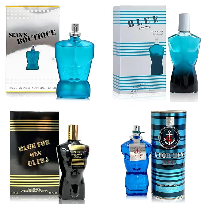 Men's Cologne Gift Set 4 Pack(Sean's Boutique,Blue for Men Ultra,G) - 3.4 Fl Oz Each | Vanilla Bourbon, Leather & Amber Floral Fragrance | Luxury Eau de Toilette Quartet