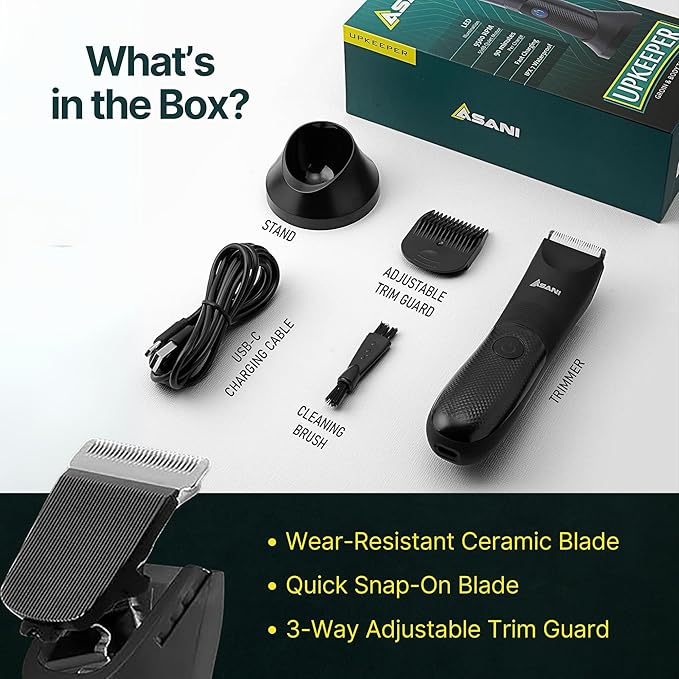 Asani Upkeeper Body Hair Trimmer & Groomer for Men – Rechargeable, Electric Razor-Shaver, Nick-Free Ceramic Blade, LED Light, IPX7 Waterproof, Groin, & Legs (Wet/Dry)