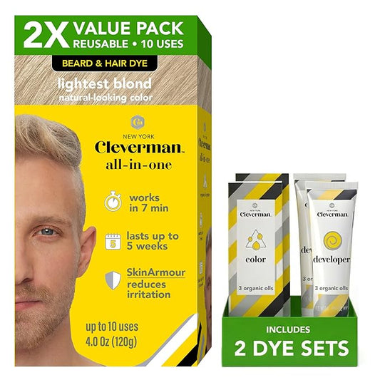 2X Reusable Hair & Beard Dye System for Men – Up to 10 Uses | 7-Minute Natural-Looking Gray Coverage | No-Drip Cream with SkinArmour® – Cleverman (Lightest Blond)
