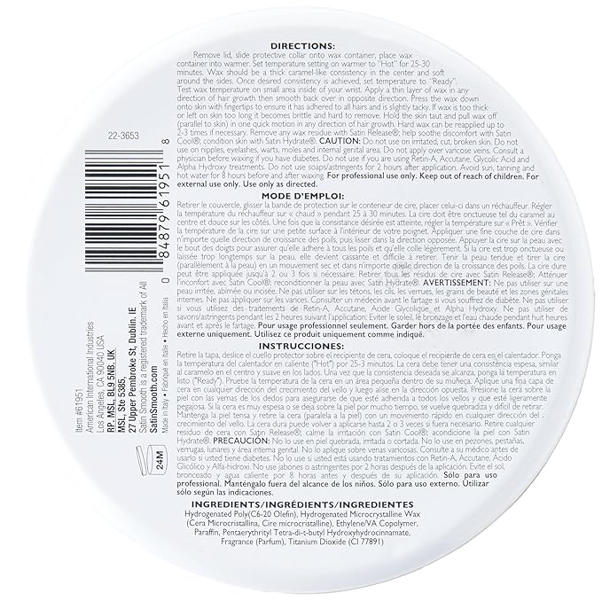 Satin Smooth Coconut Aroma Hard Wax, Vegan No-Strip Wax for All Hair Types, Multidirectional Application, Ideal for Sensitive Skin, Salon-Grade Hair Removal, 14 oz, 1-pack