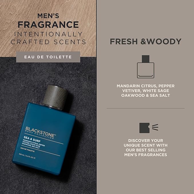 Blackstone Mens Collection Eau de Toilette – Sea & Surf | Men’s Fragrance, Fresh & Long-Lasting Cologne with Mandarin, Sea Salt, Oakwood & Sage | Everyday Fragrance, Travel Size (3.4 Fl Oz)