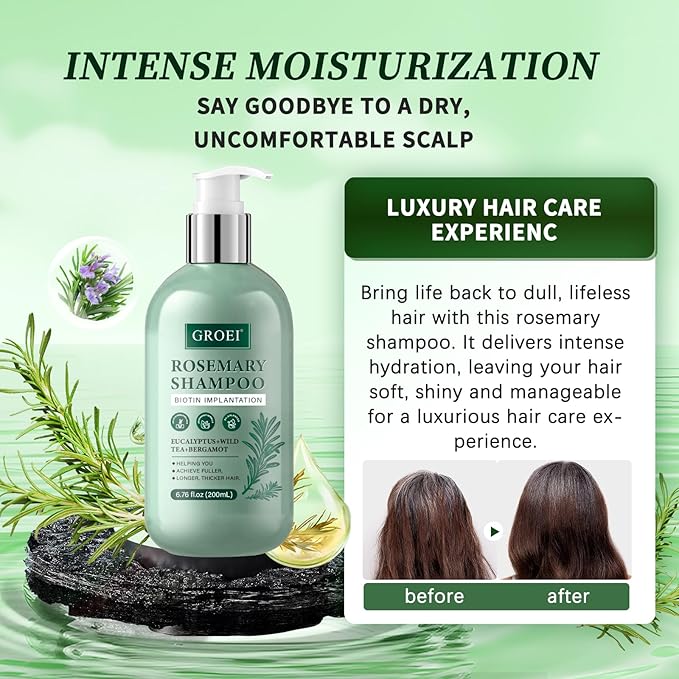 2pcs Rosemary Shampoo for Hair Growth — Deep-Clean Lather with Dimethicone for Smoothness, Lightweight Formula for Fine or Flat Hair
