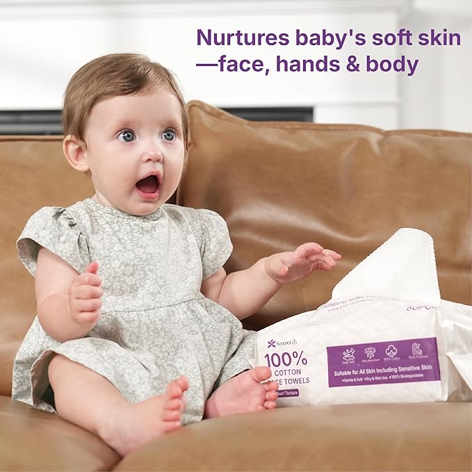 100% Cotton Disposable Face Towels 360 Count, Soft Cotton Tissue for Sensitive Skin, Makeup Remover Dry Wipes, Lint Free Facial Cleansing Cloths for Baby & Adult, Hanging Bag