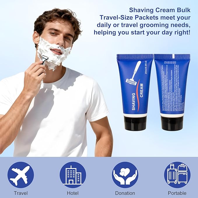 Shaving Cream Bulk, 20ml/0.7fl oz Travel Shaving Cream, Individually Packaged, Suitable for Travelling, Hotels, Home, Camping, Charities, Homeless People (50-PACK)