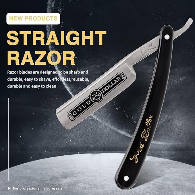 Straight Razor, Straight Edge Razor for Man Stainless Steel Manual Straight Razor, Natural Wood Scale Vintage Razor Barber Razor Men's Straight Shaving Razors (Gold Dollar-66)