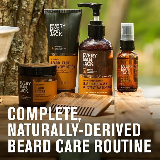 Every Man Jack Beard Essentials Gift Set for Men – Complete Routine with 5 Full-Size Essentials – Sandalwood Scent - Beard & Face Wash, Lotion, Oil, Butter & Comb