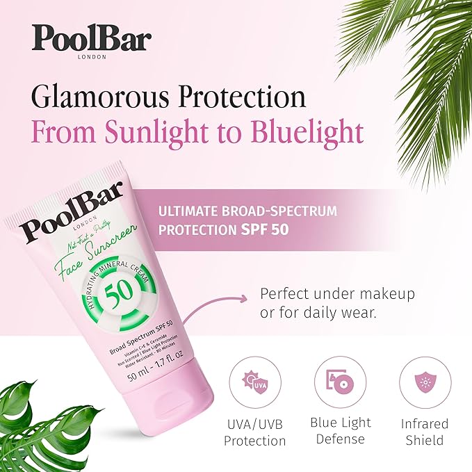 PoolBar Mineral Face Sunscreen Cream for Women and Men Sun Care, SPF 50, Hydrating Mineral, Vitamin C, E, and Ceramide, Non Scented Water Resistant Sunscreen, Blue Light Protection - 50ml
