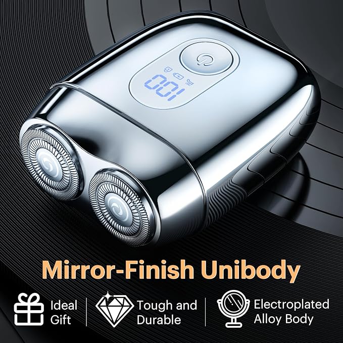 All-Metal Mini Electric Shaver for Men – Portable Travel Razor with Mirror Cap, Smooth & Close Shave, LED Display, USB-C Fast Charge, Wet/Dry Waterproof – RX40 Silver