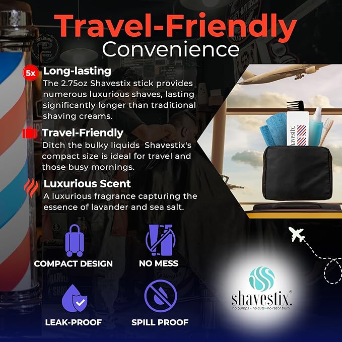 Travel Size Shaving Cream Stick 2.75 Oz | Barber Shop - Shaver Friendly Mens Hair Removal Cream Bar | Shavestix Shave Stick Sub Foam, Gel, Soap