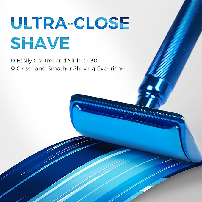ZOMCHI Double Edge Safety Razor for Men & Women, [New Version 2.0 ] Metal Razor with 10 Double Edge Safety Razor Blades, Single Blade Razor – Noble Blue