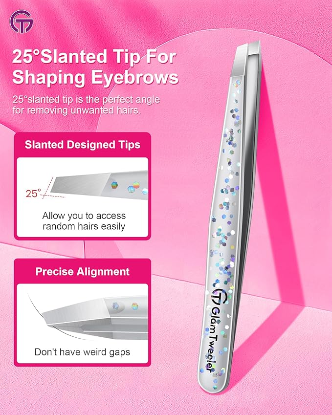 Expert Eyebrow Hair Removal Tweezer with Leather Case, GlamTweeler High Precision Slant Tip Stainless Steel Tweezers for Men and Women (Glitter Silver)