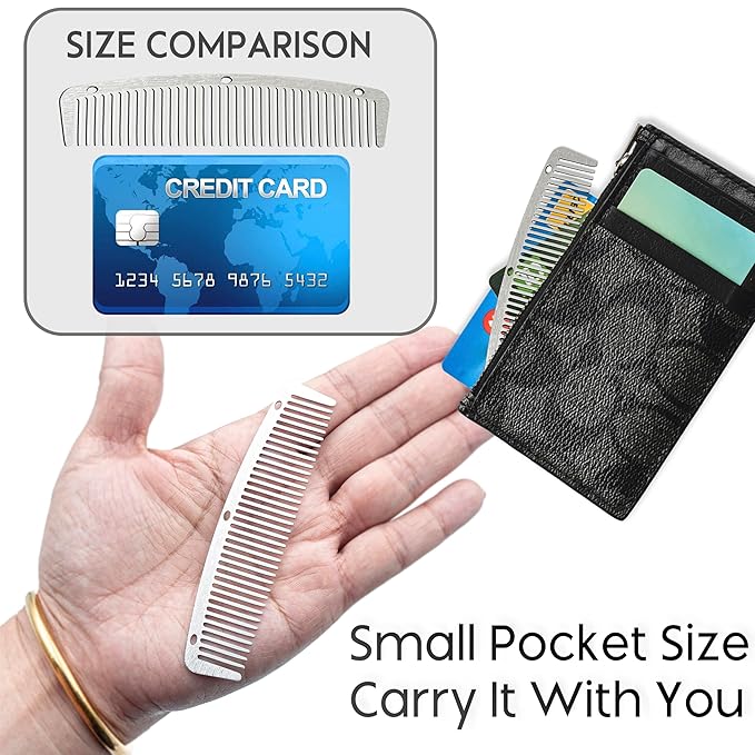 2 Pcs Metal Pocket Combs, Small Comb for Men Women, Mustache Comb Steel Beard Comb, Travel Comb, Easy Take, Wood Grain Design