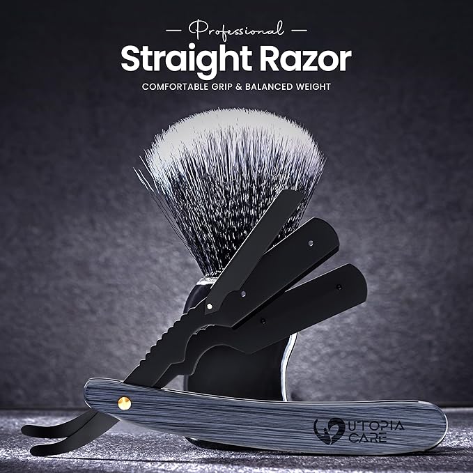 Utopia Care Straight Razors For Men, Professional Barber Straight Edge Razor with 100 Single Edge Blades, Stainless Steel, Beard Shaving Kit For Men, Premium Smooth Natural Wooden Grip, Black