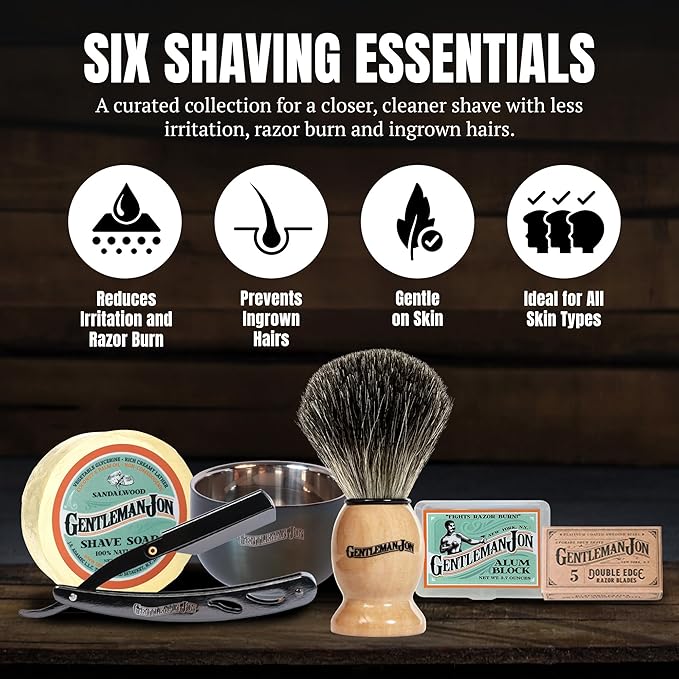 Gentleman Jon Straight Razor Shaving Kit - Vintage Wet Shave Grooming Set, Includes Straight Edge Razors for Men, Badger Hair Shaving Brush, Alum Block, Shave Soap, Bowl & Double Edge Safety Blades
