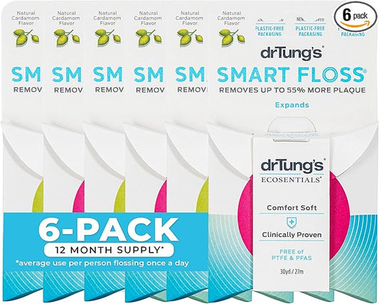 DrTung's Smart Floss - Natural Dental Floss, PTFE & PFAS Free, Gentle on Gums, Expands & Stretches, BPA Free - Cardamom Flavor(Pack of 6)