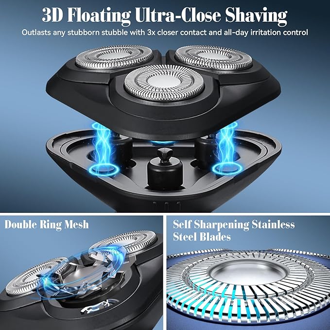 Electric Razor for Men,3 in 1 Men's Rotary Shavers with Charging Stand, IPX7 Waterproof Hygiene Trimmer for Beard/Nose/Sideburns, USB-C Fast Charging, LED Display Travel Lock,Matte Black