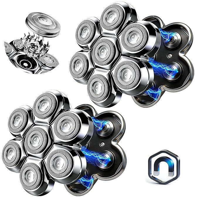 7 Head Magnetic Shaver Head Replacement for Freebird/SHPAVVER/Wyklaus/Cyruzi Head Shaver Bald Men - Universal Fit for Most Brand Shavers, Head & Face Grooming (Silver/2Pack)