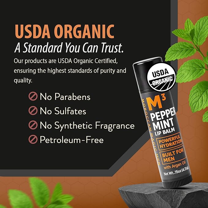 Moroccan Magic Men M3 Organic Peppermint Lip Balm 3 Pack | Ultra-Hydrating & Moisturizing | Natural Mint Lip Repair for Dry Lips | Non-Toxic | Organic Lip Balm for Men