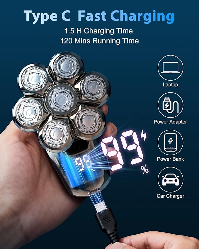 Head Shaver for Bald Men, 5-in-1 Electric Razor with 7D Floating & 2-Speed Modes, IPX7 Waterproof, LED Smart Display and & Type-C Fast Charging, Professional Grooming Kit for Men Head, Face Beard