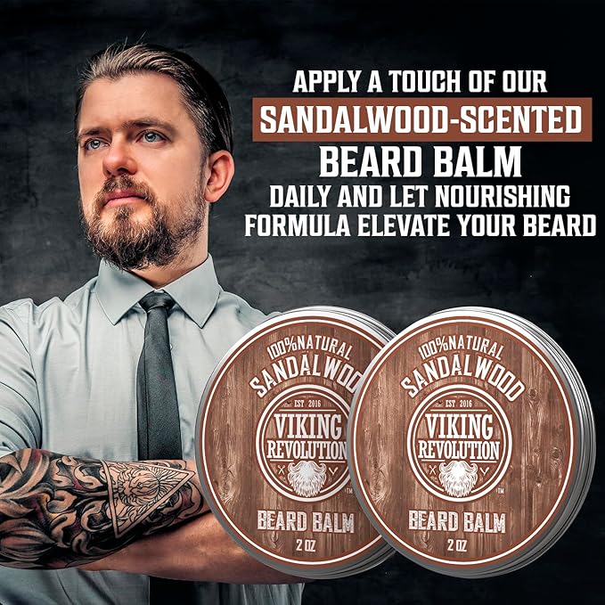 Viking Revolution Sandalwood Beard Balm - Beard Butter with Argan Oil, Beard Softener for Men with Jojoba Oil - Beard Moisturizer for Men with Beeswax - Beard Wax for Men (2oz, 2 Pack)