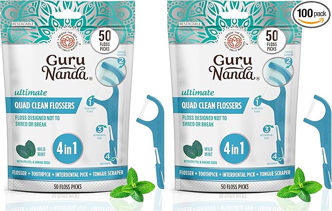 GuruNanda Quad Clean Floss Picks 4-in-1 with Tongue Scraper, Interdental Pik & Toothpick, Non-Shred Dyneema Thread, with Xylitol & Baking Soda, 50ct (Pack of 2)
