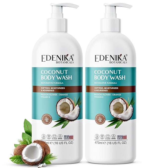 Coconut Body Wash, Cleans, Softens & Nourishes, Ultra Moisturizing Shower Gel for Dry and Sensitive Skin, Women & Men, Organic & Natural, 16 fl oz, 2-Pack