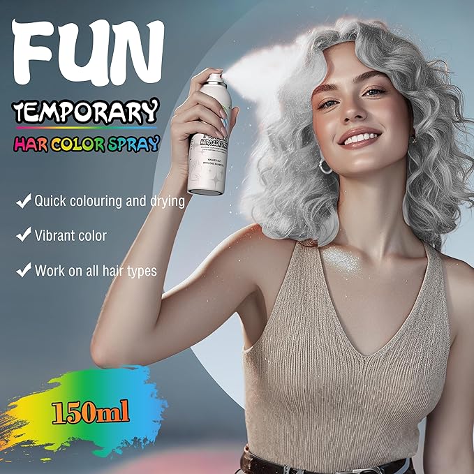 Silver White Temporary Hair Color Spray - Gentle Formula, Washable & Non-Sticky | Instant Hair Dye Alternative for Adults | Halloween, Costume, Party Makeup, 150ml