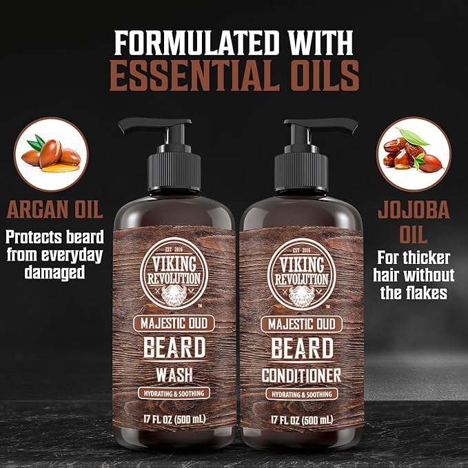 Viking Revolution Beard Wash and Beard Conditioner for Men with Argan Oil and Jojoba Oil - Beard Softener and Strengthener Beard Care Beard Shampoo and Conditioner with Beard Oil (17oz, Majestic Oud)