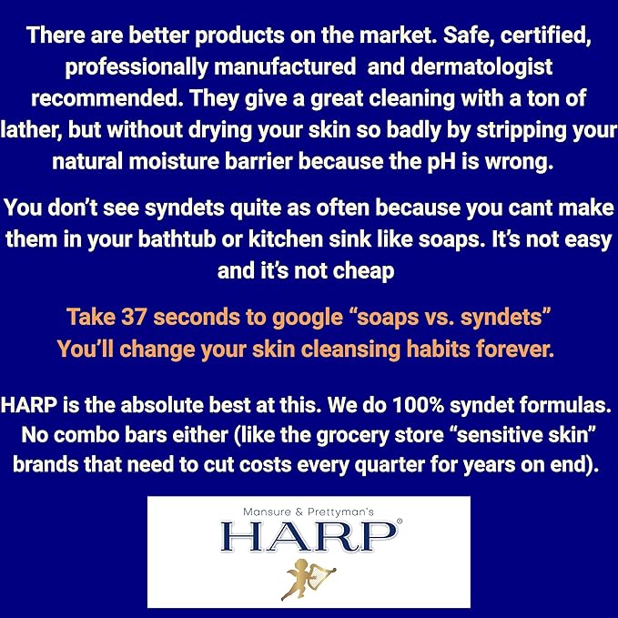 HARP pH-Balanced (5.0-6.0) Body Wash Bar. 100% Syndet. Protects Moisture Barrier For Sensitive, Dry or Irritated skin. + Shea Butter/Borage Oil. Non-Comedogenic. FRAGRANCE FREE