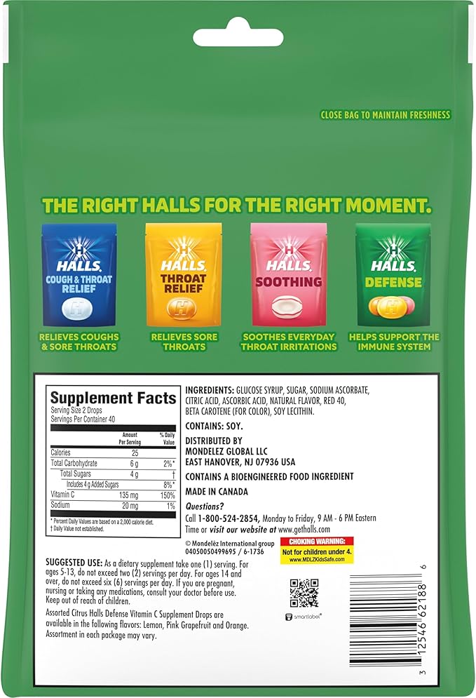 HALLS Defense Assorted Citrus Vitamin C Drops, Economy Pack, 80 Drops