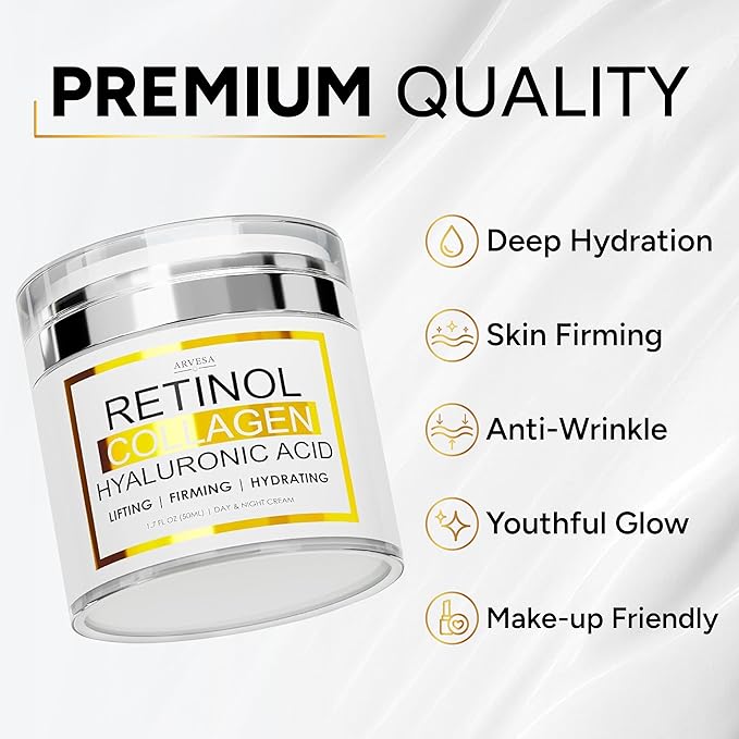(2 Pack) Retinol Cream for Face with Collagen and Hyaluronic Acid - Anti Aging Wrinkle Cream for Women and Men - Day and Night Facial Moisturizer for Tightening and Skin Firming