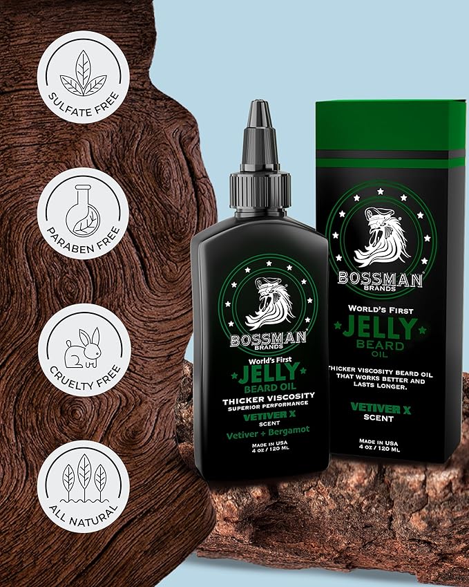 Bossman Jelly Beard Oil for Men (4 oz, Vetiver X Scent) – Softens, Moisturizes & Conditions with Natural Ingredients