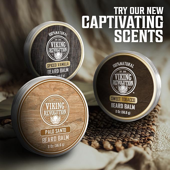 Viking Revolution Palo Santo Beard Balm for Men - Beards Butter for Men with Argan Oil and Jojoba Oil - Beard Softener and Moisturizer for Mens Beards Styling Balm (1 Pack, 2oz)