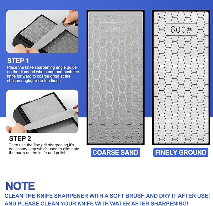 Double-sided Diamond Sharpening Stone,Knife Sharpening Stone with Extra Fine 600/Coarse 200 Grit Diamond Plate, Storage Case with Non-Slip Base & Angle Guide(7 x 3.5 Inch)