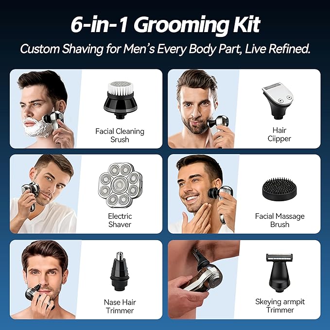 9D Head Shaver for Bald Men, 6-in-1 Electric Razor with LED Display, Waterproof Wet & Dry, Type-C Fast Charging Cordless Bald Head Shaver (Gunmetal, 9D)