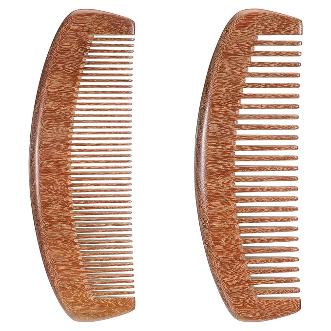 Wooden Comb for Women, 2 Pieces Wooden Hair Combs Natural Sandalwood Fine Tooth Beard Comb Anti-Static Wide Tooth Detangling Combs for Women Men Curly Straight Hair