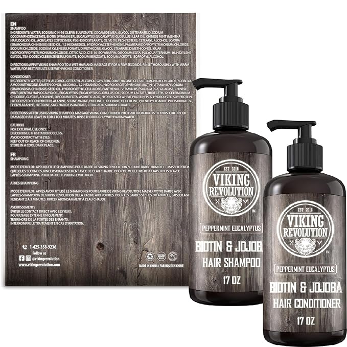 Viking Revolution Biotin Mens Shampoo and Conditioner Set - Eucalyptus Shampoo and Conditioner Set with Jojoba and Mint Oil - Peppermint Oil Hair Conditioner for Men (17 Oz)