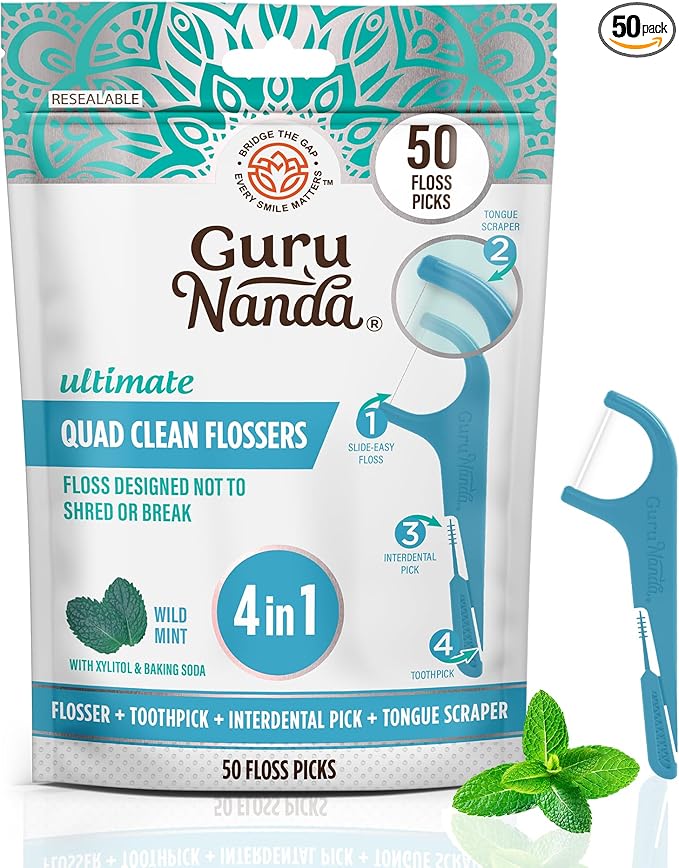 GuruNanda Quad Clean Floss Picks 4-in-1 with Tongue Scraper, Interdental Pik & Toothpick, Non-Shred Dyneema Thread, with Xylitol & Baking Soda, 50ct