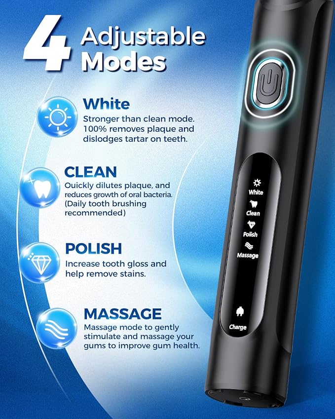 TEETHEORY Rotating Electric Toothbrush for Adults with 8 Brush Heads (2 Types), 4 Modes Deep Clean Electric Toothbrush with Rechargeable Power and 2 Min Smart Timer (1- Black, with travelcase)
