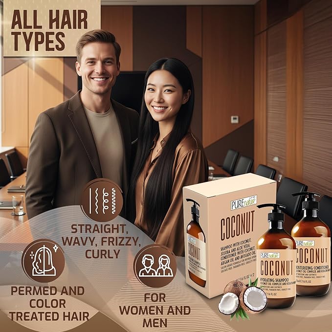Coconut Shampoo and Conditioner Set - Sulfate Free - Deep Hydrating and Smoothing for Dry, Frizzy, Damaged Hair - Moisturizing, Shiny, Anti Frizz Salon Products for Women and Men - 16 Fl Oz (Set of 2)
