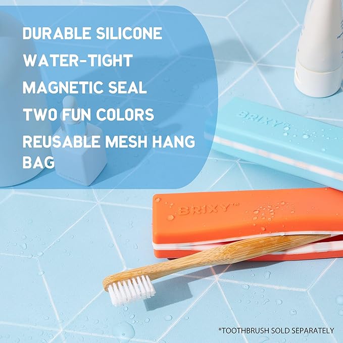 BRIXY Toothbrush Container, Silicone Travel Case, Portable Holder for Manual Toothbrushes, Bathroom, Camping, Vacation, Business Trip, Durable Silicone, Seals Magnetically, 2Pack