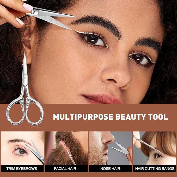 Small Facial Hair Scissors, Stainless steel (silver) Straight Tip Snips Beauty Grooming Kit for Eyebrows, Beard, Ear, Nose, Moustache Trimming with PU Case