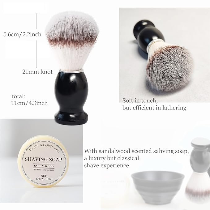 JEQUIL&CORENVEO Shaving Brush Set for Men, 4pcs Synthetic Shaving Brush with Shaving Soap, Stand and Shaving Bowl