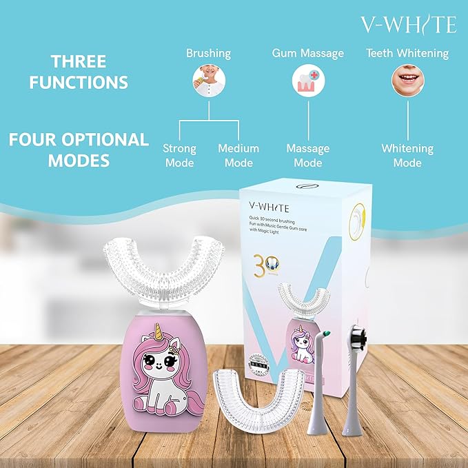V-WHITE Electric Toothbrush Kids- Ultrasonic U-Shaped Toothbrushes for Teeth Whitening - 360° Mouth Cleansing, Hands Free Gums Protection - Wireless Charging & LED Light - Waterproof IPX7 Certified